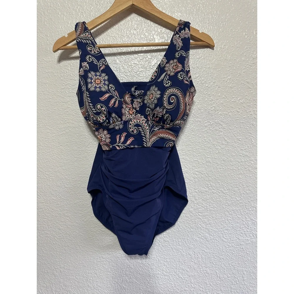 Lands End Womens Paisley Navy Blue Ruched One Piece Swimsuit V-Neck Padded Cup